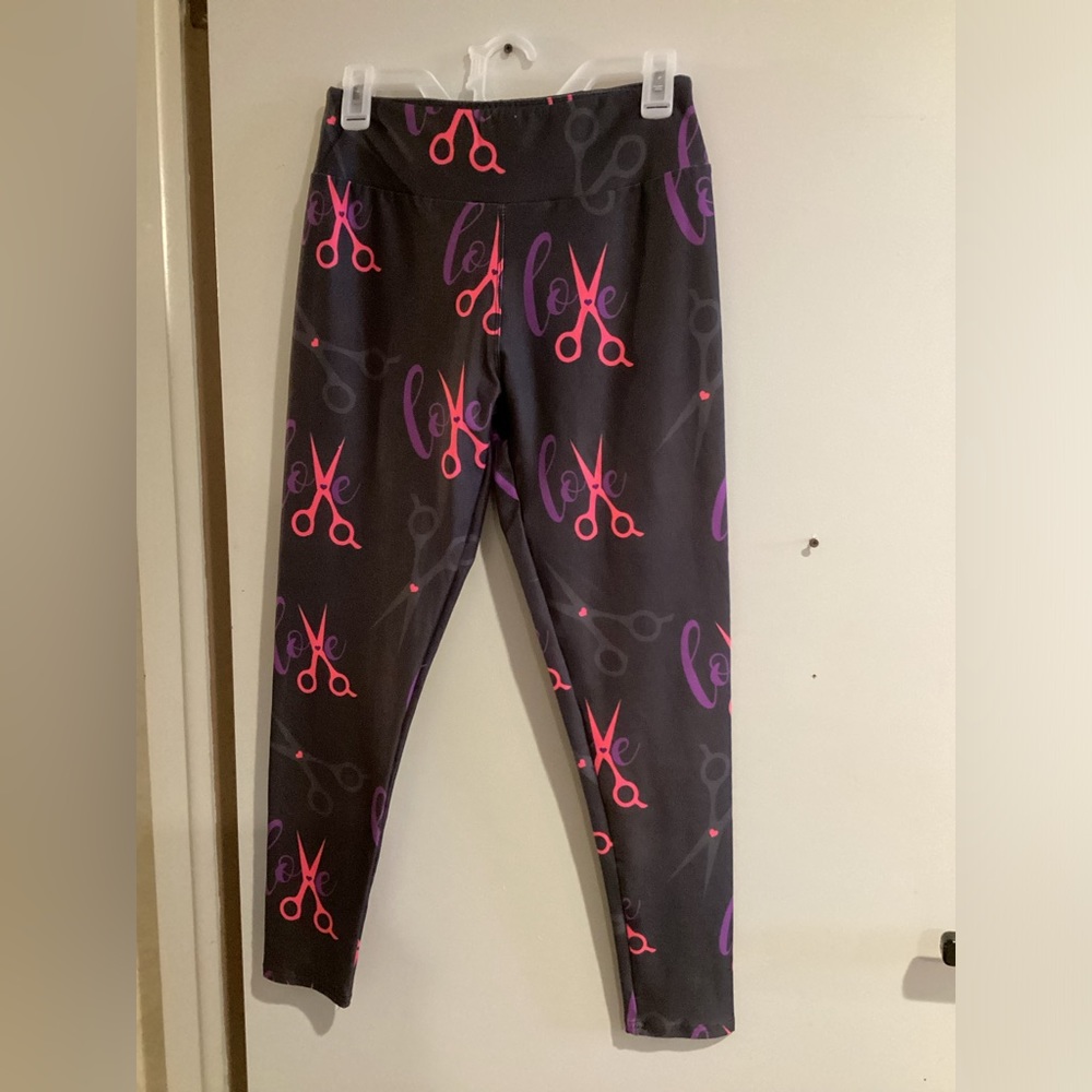 The Legging Room Womens Hair Stylist Leggings Grey Pink Scissors Love OS